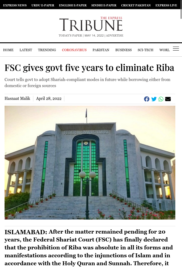 The Express Tribune - FSC gives govt five years to eliminate Riba